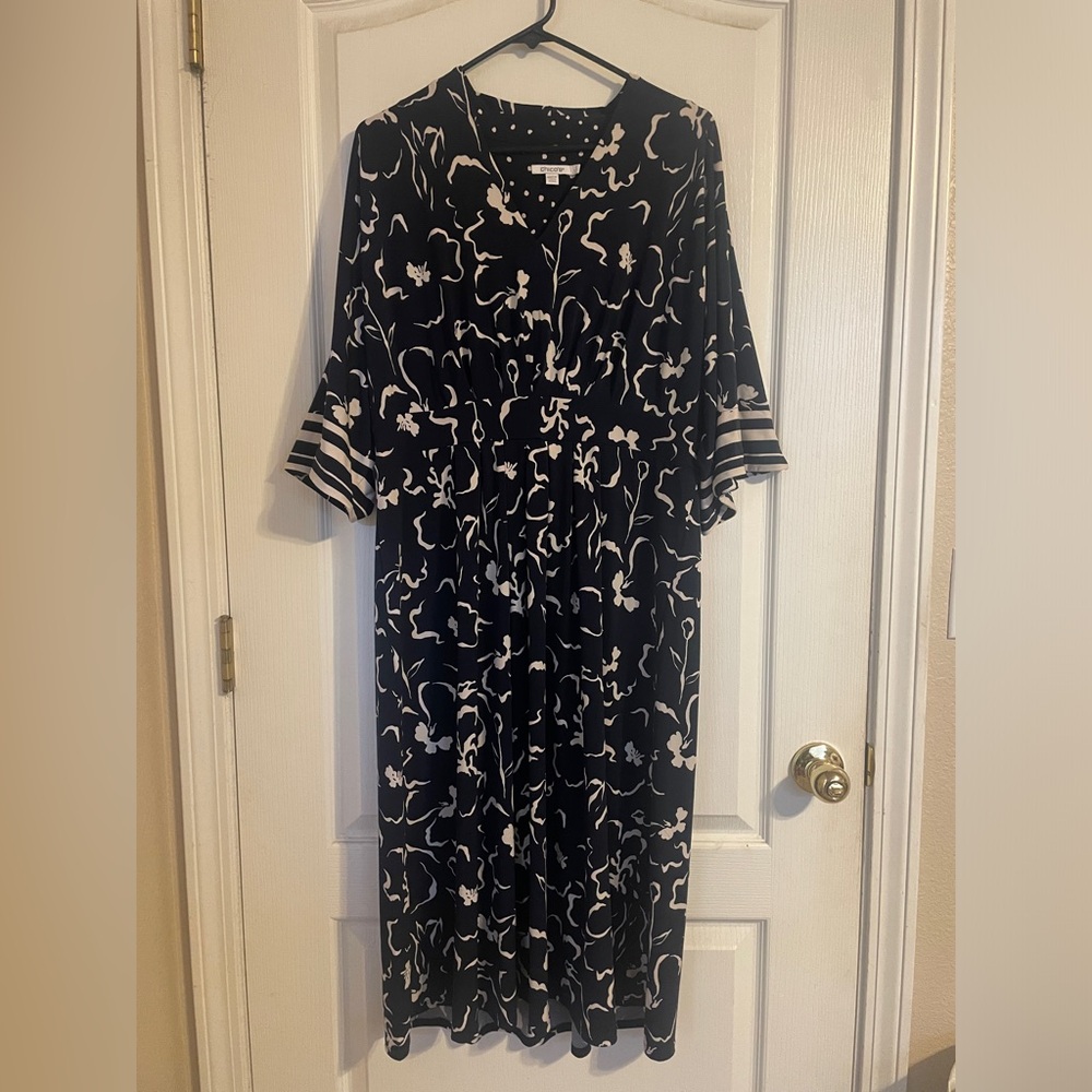 Chico's Midi Dress Womens 2 L Navy Blue Excellent Floral Striped Bell Sleeve